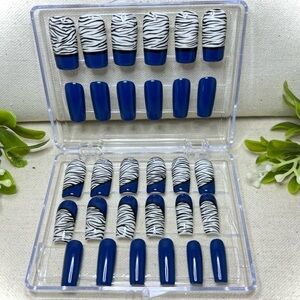 Long square dark blue with zebra print press on nails set of 30